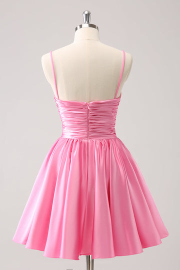 Vestido de cóctel plisado con abertura en forma de A y tirantes finos rosa